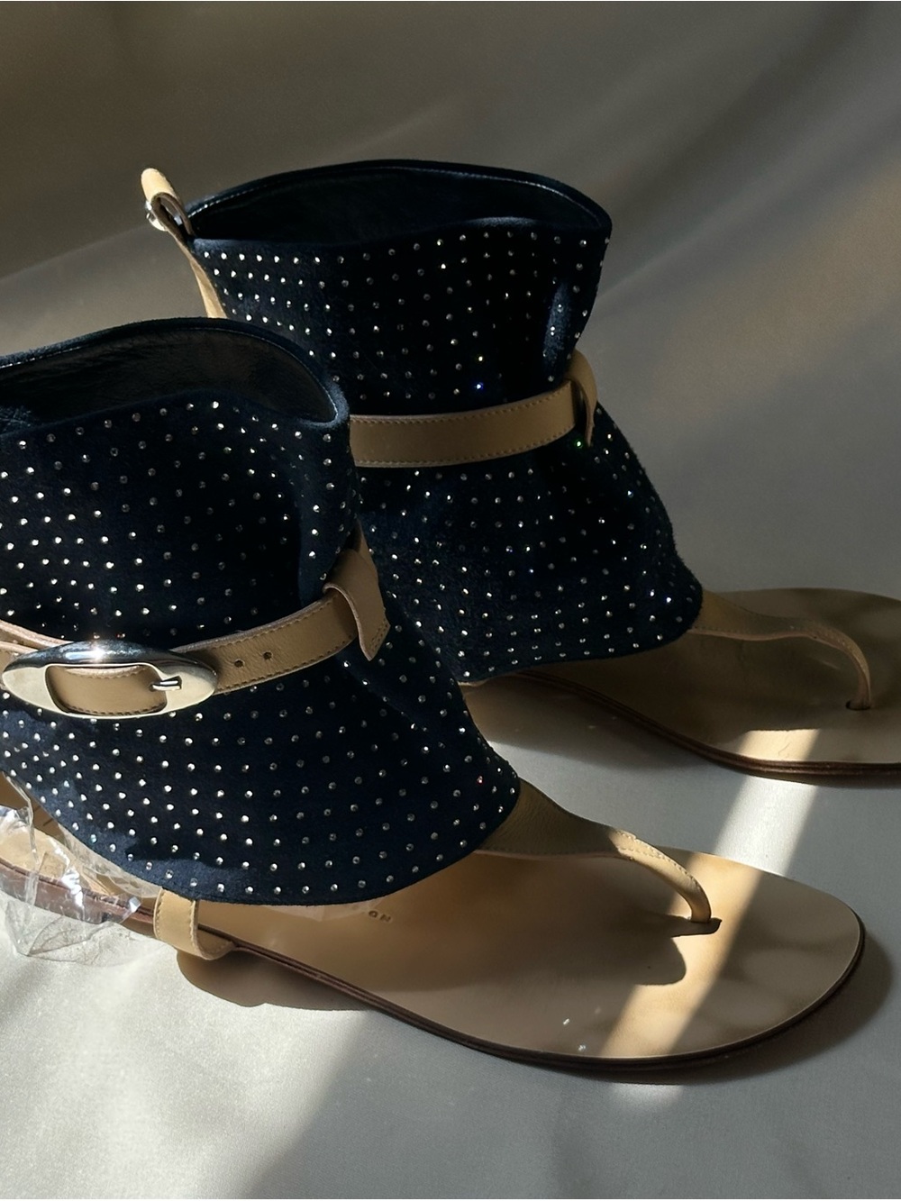 Giuseppe Zanotti Studded Dark Blue Suede Ankle Cuff Sandals with Tan Straps. 9